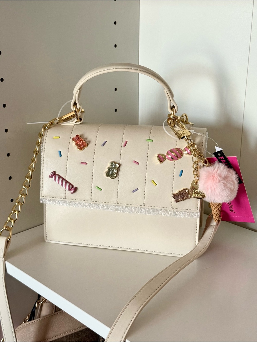 Betsey Johnson Cream Crossbody Bag with Candy Charms and Gold Chain - Picture 3 of 5